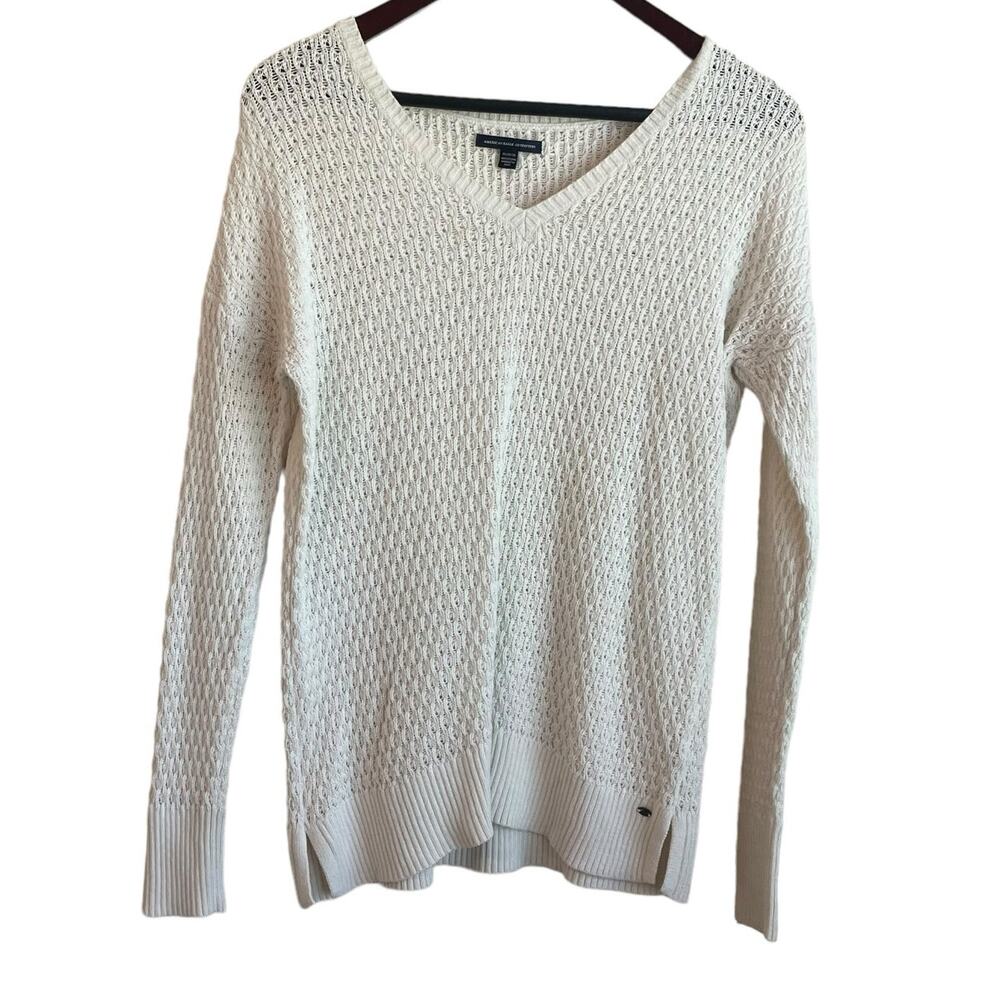 America  Eagle Women Tunic Sweater M Ivory Large‎ Loop Open Knit Casual Neutral